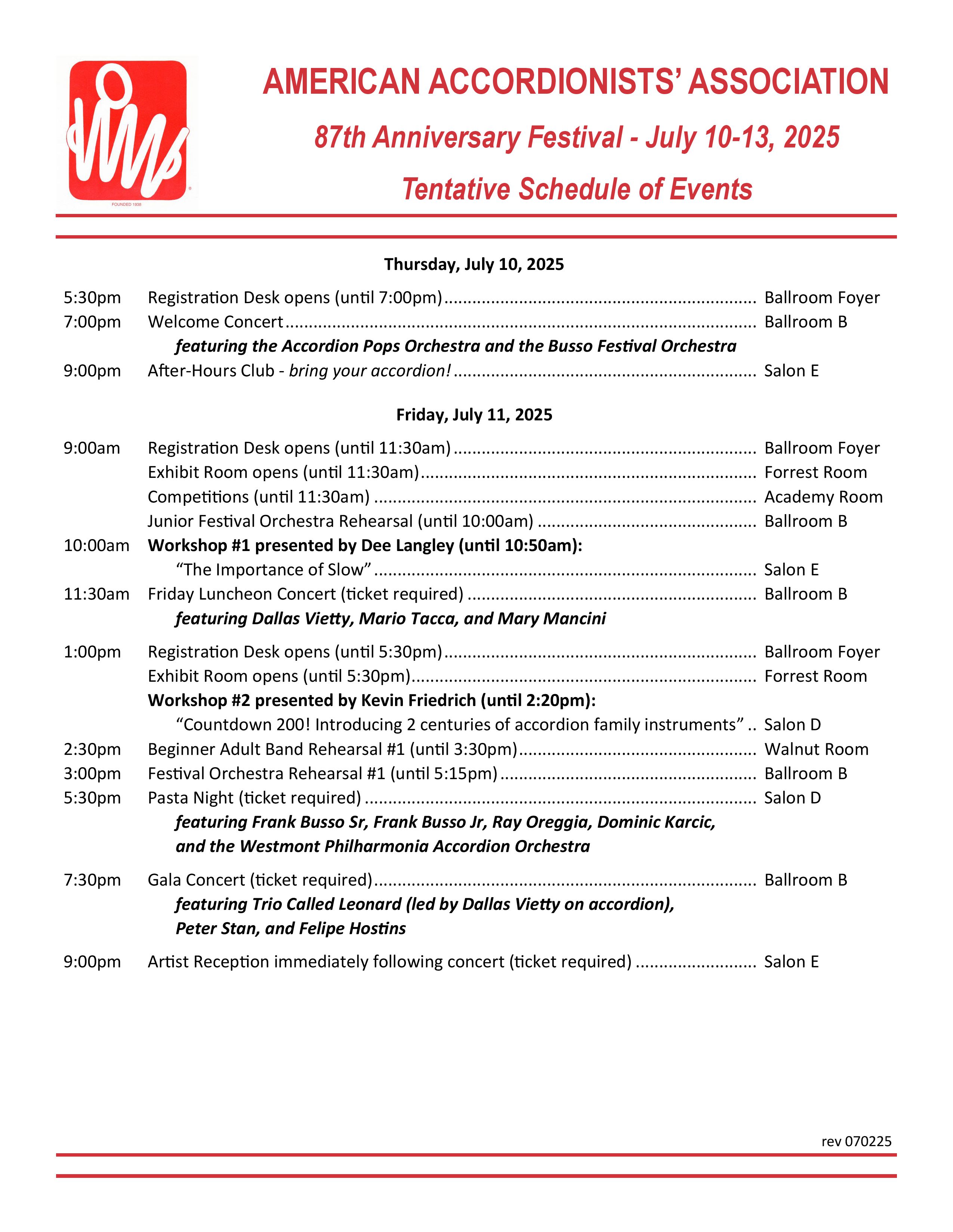 2025 AAA Festival Schedule, July 11-13, 2025