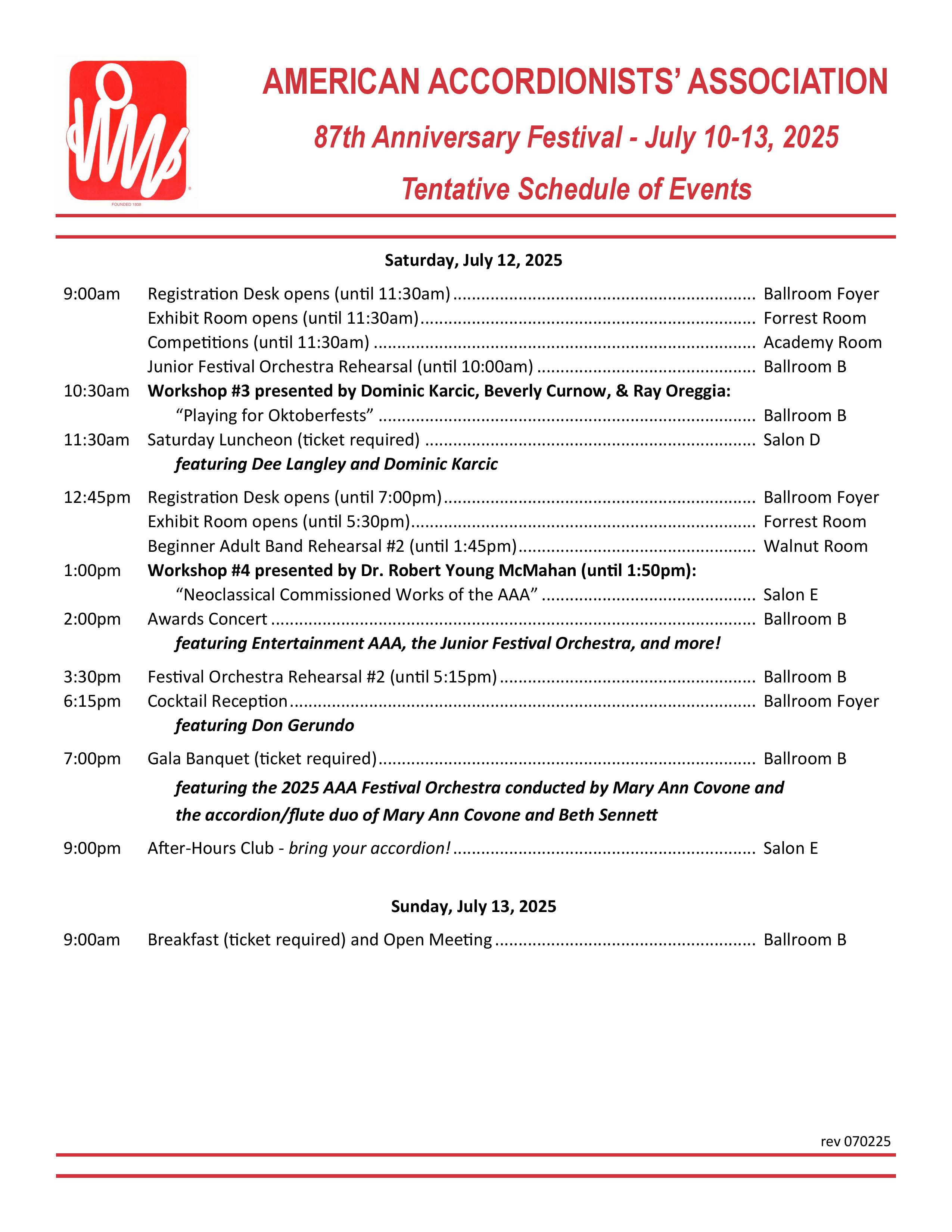 2025 AAA Festival Schedule, July 11-13, 2025